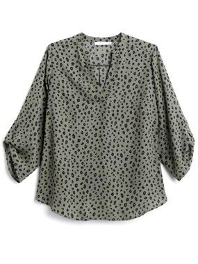 Lush | Warren Split Neck Blouse | Olive Leopard Print | 1X